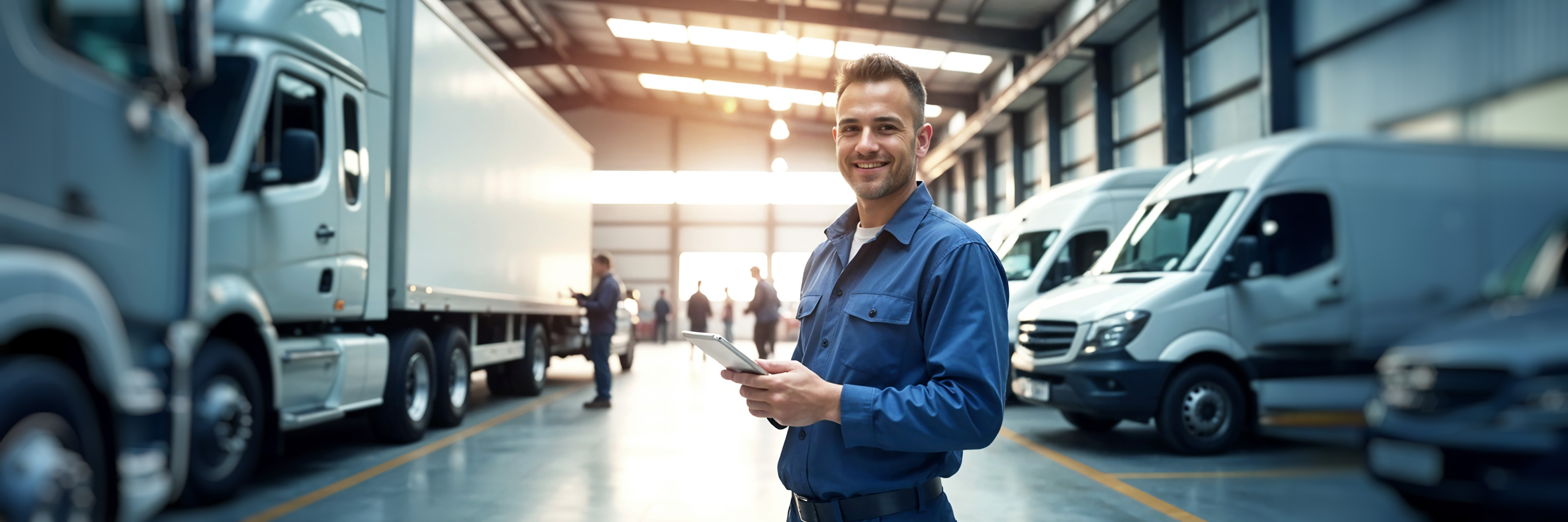 AI-generated image of a workshop employee looking at the camera, smiling and holding a tablet computer. In the background, you can see a row of light commercial vehicles, a big truck and other employees working on the vehicles.