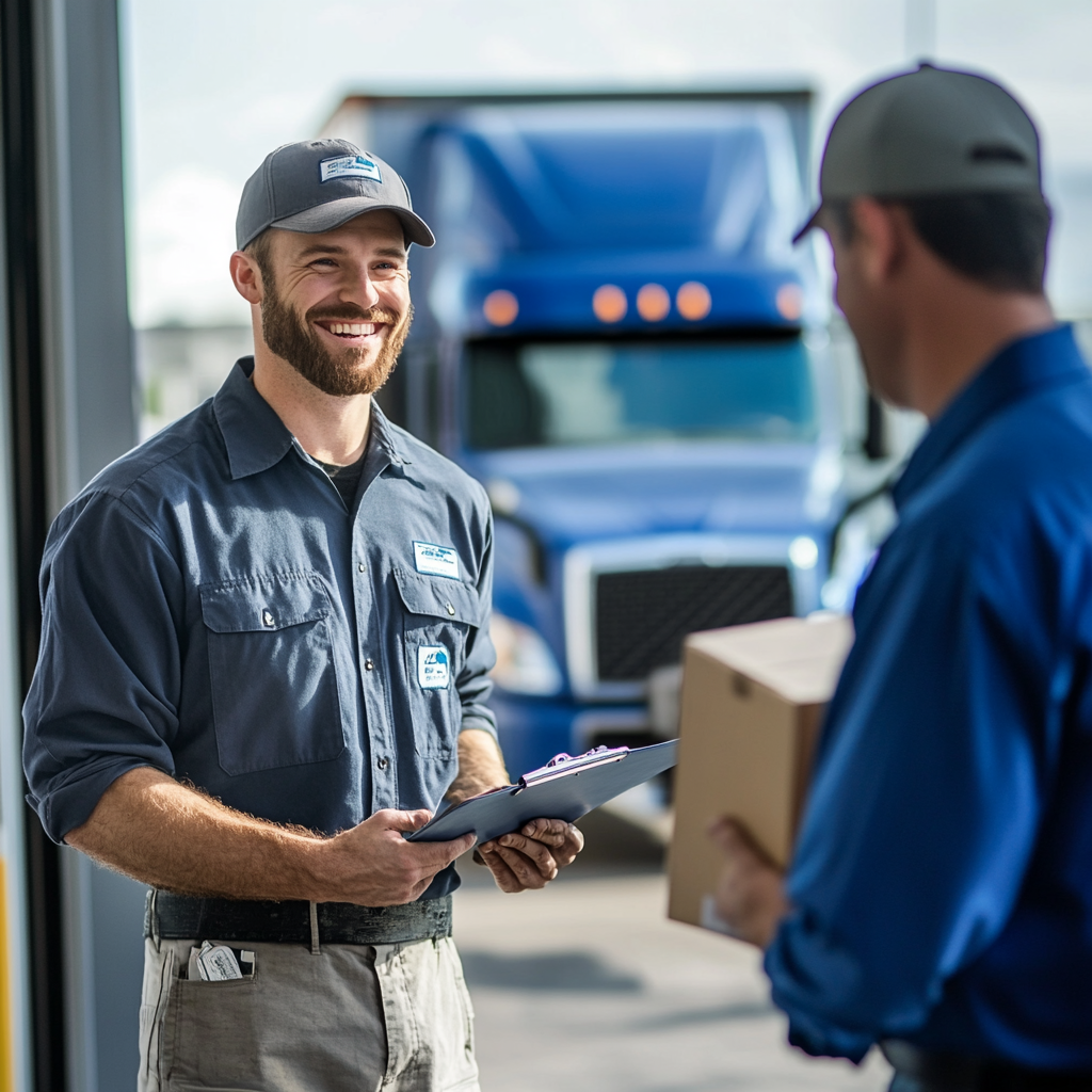 Cheerful truck driver standing outside his vehicle