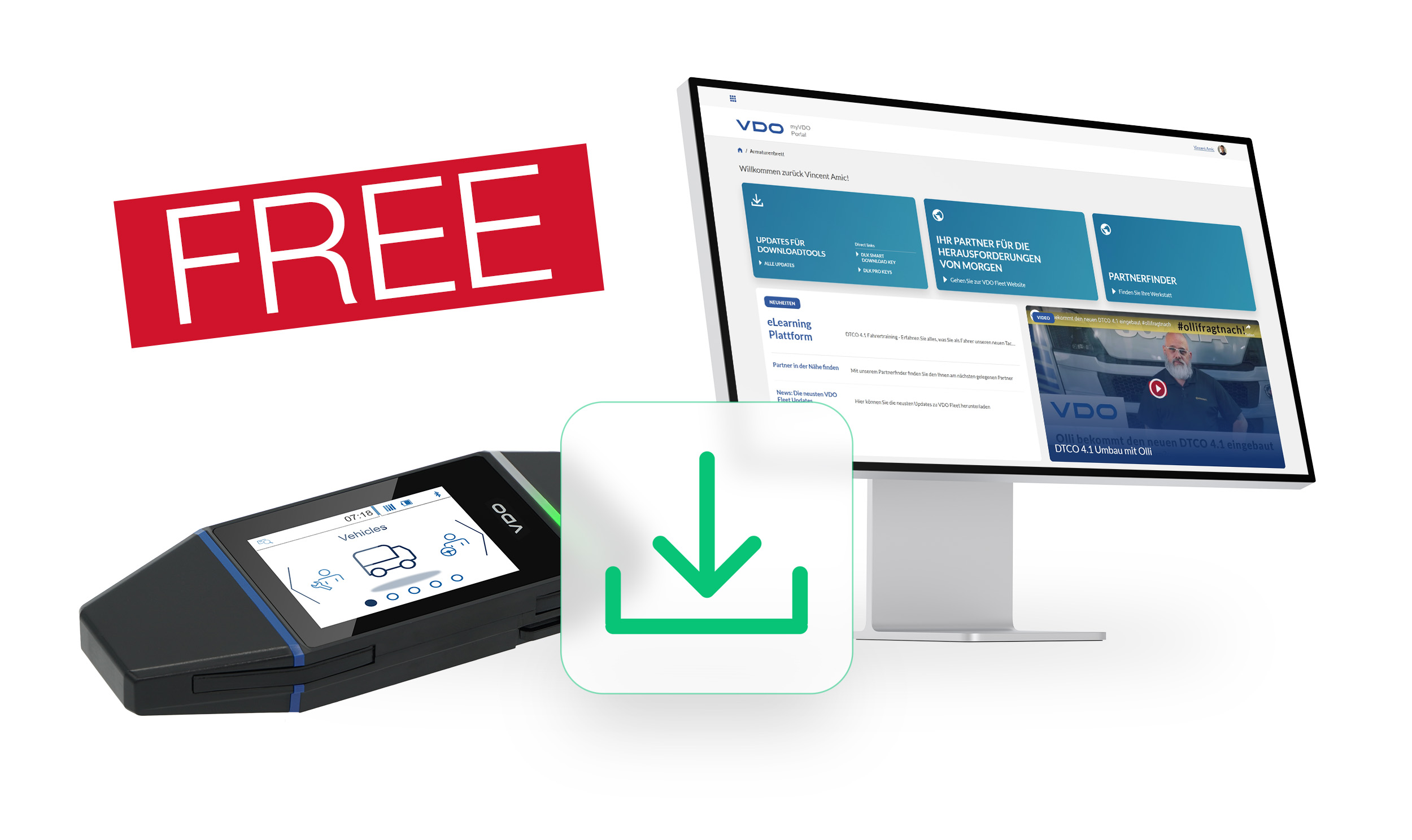 A photo composition shows a computer with the VDO Fleet software open next to the VDO DLK Smart Download Key. The word “FREE” in conjunction with the green download symbol in the middle shows that every fleet operator can download the update for the VDO DLK Smart Download Key free of charge. 